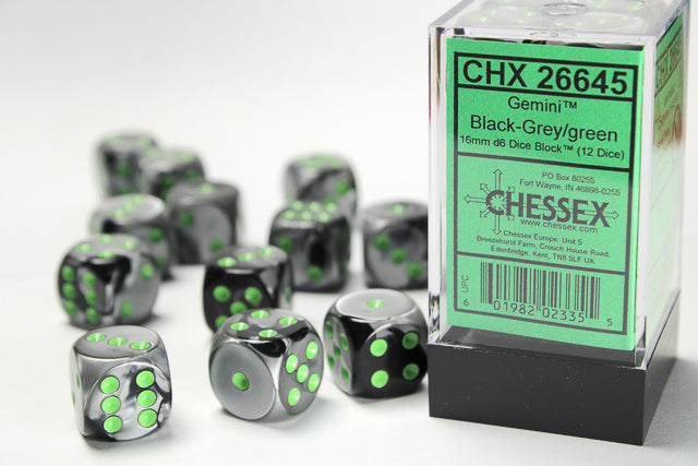 Chessex: 16mm Gemini Black-Grey/Green D6 Set