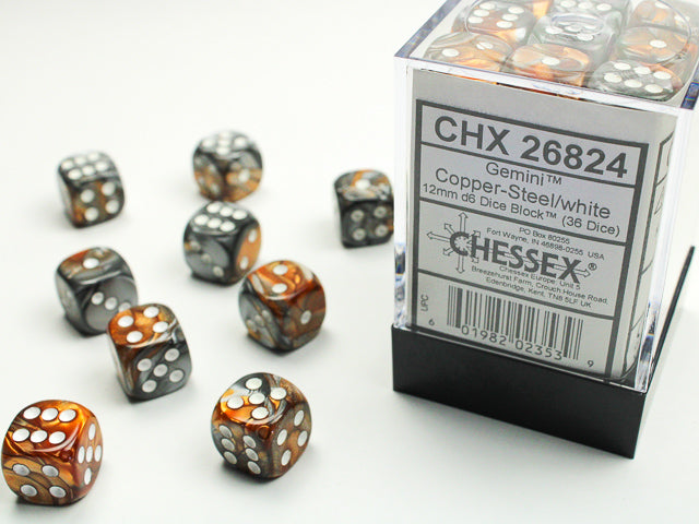 Chessex: 12mm Gemini Copper-Steel/White D6 Set