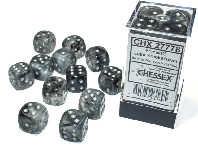 Chessex BOREALIS® 16MM D6 LIGHT SMOKE/SILVER LUMINARY™ DICE BLOCK™ (12 DICE)