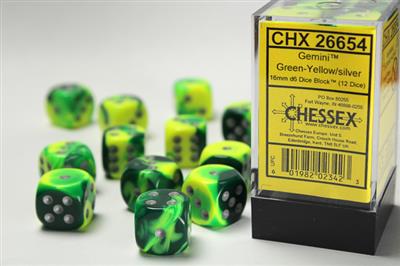 Chessex Gemini 16mm Green-Yellow/Silver (12 Dice)