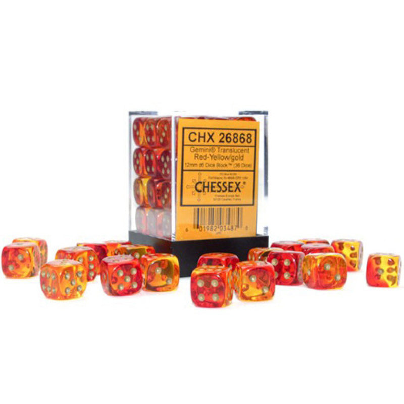 Gemini® 12mm d6 Translucent Red-Yellow/gold Dice Block™ (36 dice)