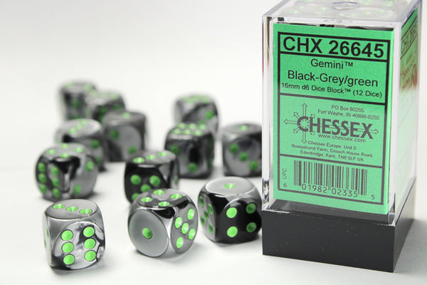 Chessex: 16mm Gemini Black-Grey/Green D6 Set