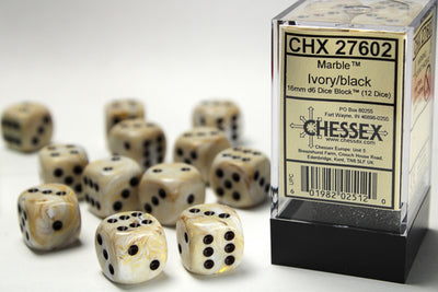 Chessex Dice Marble Ivory/Black 16mm 12 Dice Block