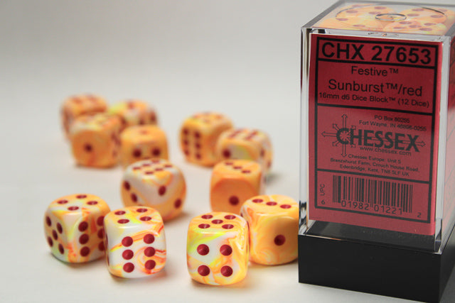Festive Sunburst/Red 16mm d6 Dice Block (12 dice)