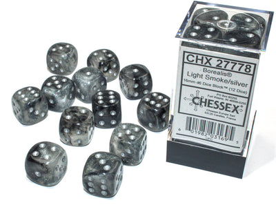 Chessex BOREALIS® 16MM D6 LIGHT SMOKE/SILVER LUMINARY™ DICE BLOCK™ (12 DICE)