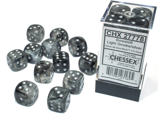 Chessex BOREALIS® 16MM D6 LIGHT SMOKE/SILVER LUMINARY™ DICE BLOCK™ (12 DICE)