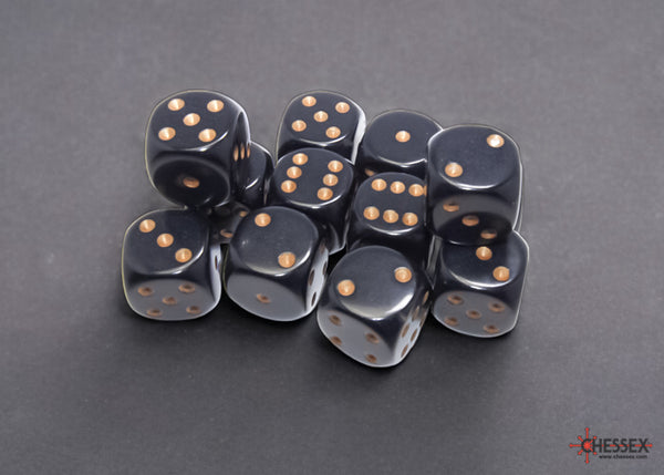 Opaque Black/gold 16mm d6 Dice Block (12 dice)