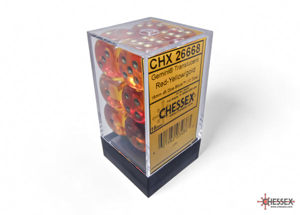 Gemini® 16mm d6 Translucent Red-Yellow/gold Dice Block™ (12 dice)