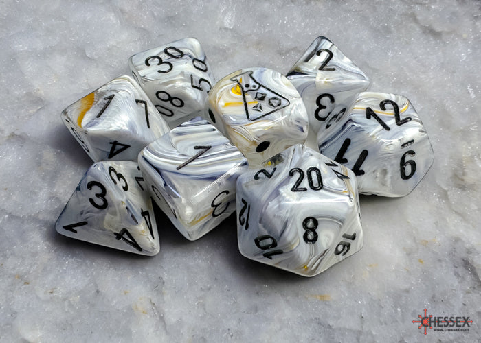 Chessex Lab Dice 8: Marble Calcite/Black Red-Steel/White Polyhedral 7ct set (with bonus die)