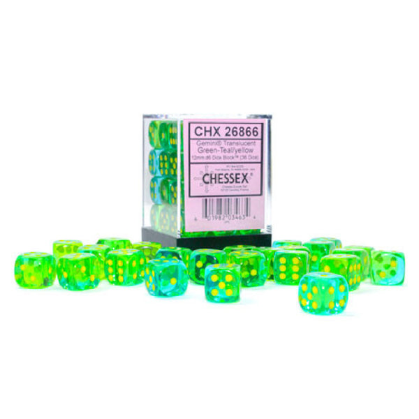 Gemini® 12mm d6 Translucent Green-Teal/Yellow Dice Block™ (36 dice)