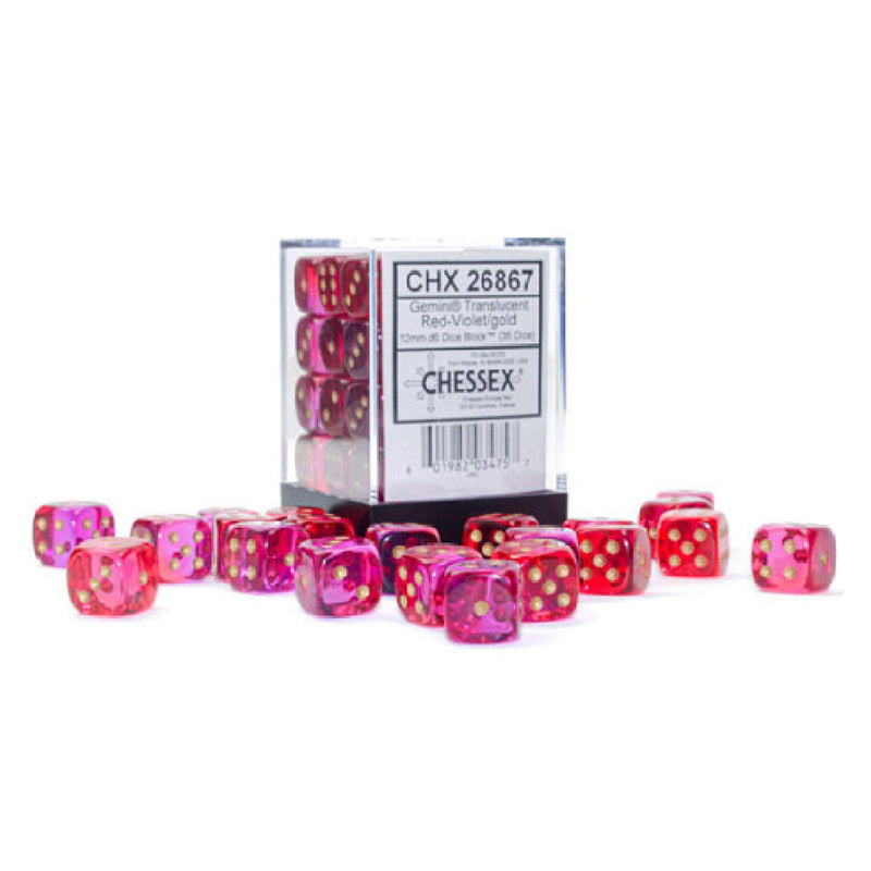 Gemini® 12mm d6 Translucent Red-Violet/gold Dice Block™ (36 dice)
