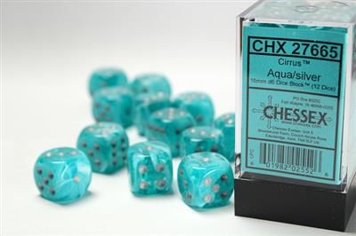CIRRUS 16MM D6 AQUA/SILVER DICE BLOCK (12 DICE)