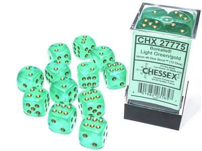 Chessex: Borealis Light Green/Gold 16mm D6 Dice (12 Dice)