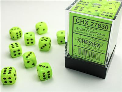 Chessex: VORTEX® 12MM D6 BRIGHT GREEN/BLACK DICE BLOCK™ (36 DICE)